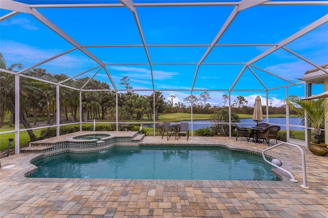 view of swimming pool with a patio area, an in ground hot tub, a water view, and a lanai