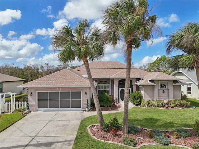 ranch-style house featuring a garage and a front lawn