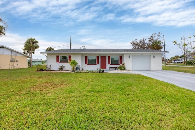 single story home featuring a front lawn and a garage