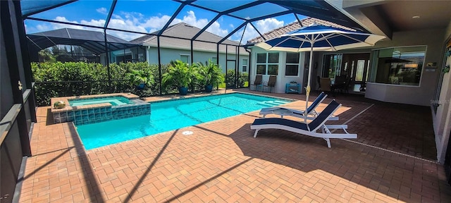 view of swimming pool featuring an in ground hot tub, glass enclosure, and a patio