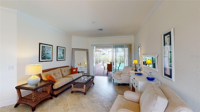 tiled living room with crown molding