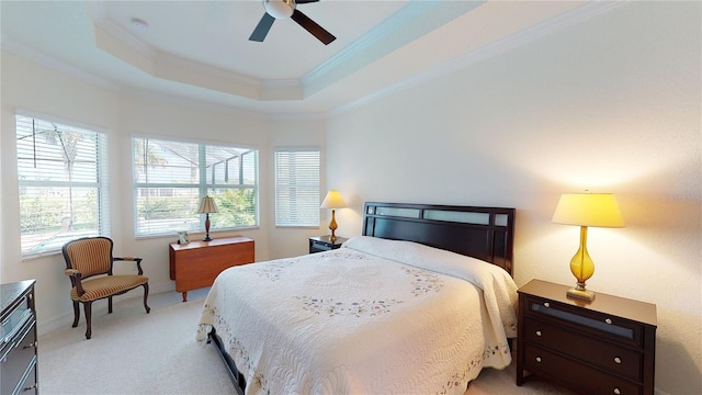 carpeted bedroom featuring crown molding, a tray ceiling, and ceiling fan