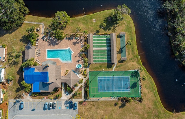 aerial view featuring a water view