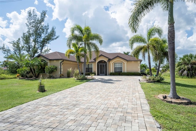 view of front of house featuring a garage and a front lawn