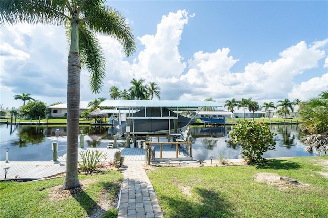 dock area with a yard and a water view