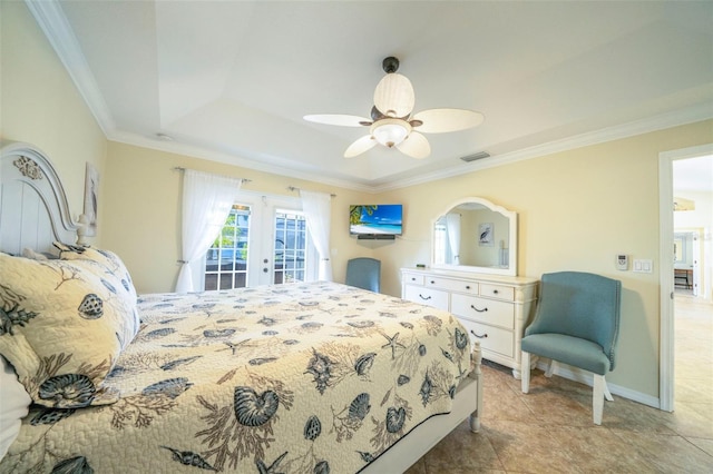 tiled bedroom featuring access to outside, a raised ceiling, ceiling fan, and ornamental molding