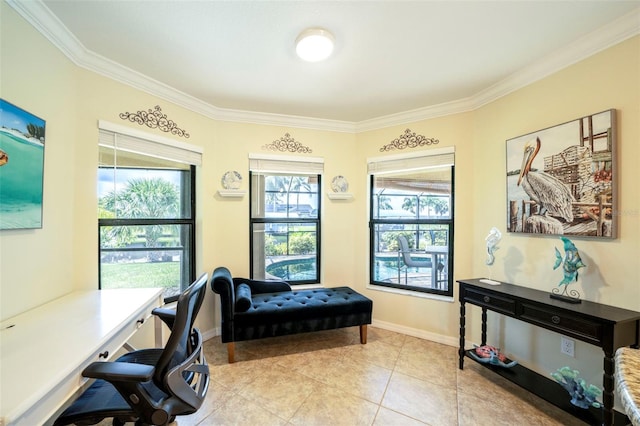 office with light tile patterned flooring and ornamental molding