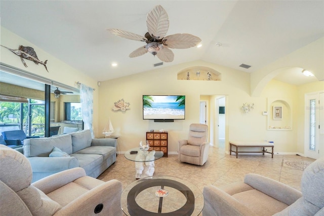 tiled living room with vaulted ceiling and ceiling fan