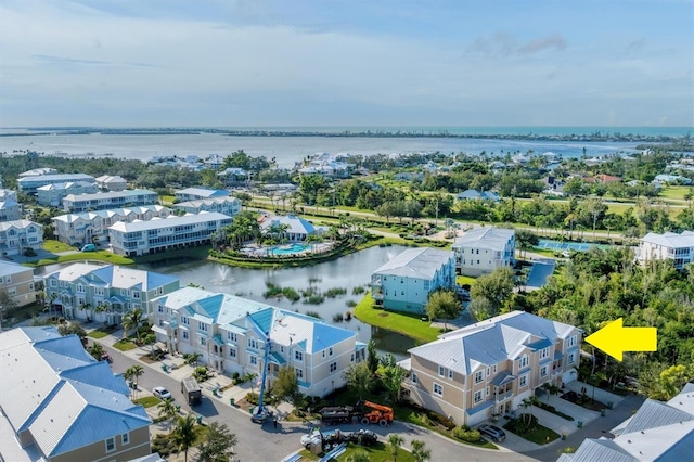 drone / aerial view featuring a water view