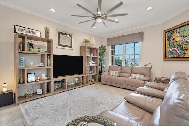 tiled living room featuring crown molding and ceiling fan