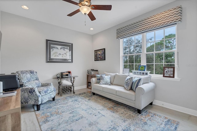 living room with ceiling fan and wood-type flooring