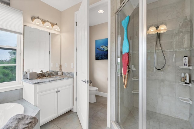 full bathroom with vanity, plus walk in shower, toilet, and tile patterned flooring