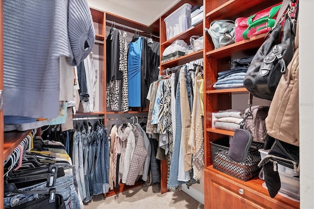 walk in closet featuring light colored carpet