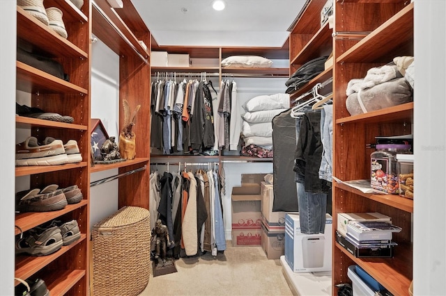 walk in closet with light carpet