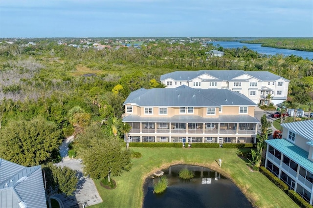 aerial view featuring a water view