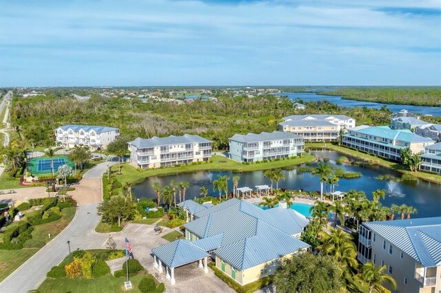 aerial view featuring a water view