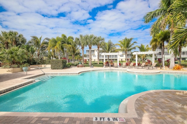 view of swimming pool featuring a patio area and a pergola