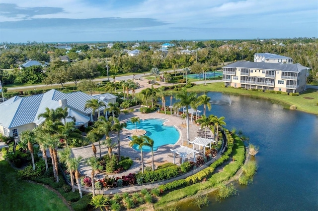 birds eye view of property featuring a water view