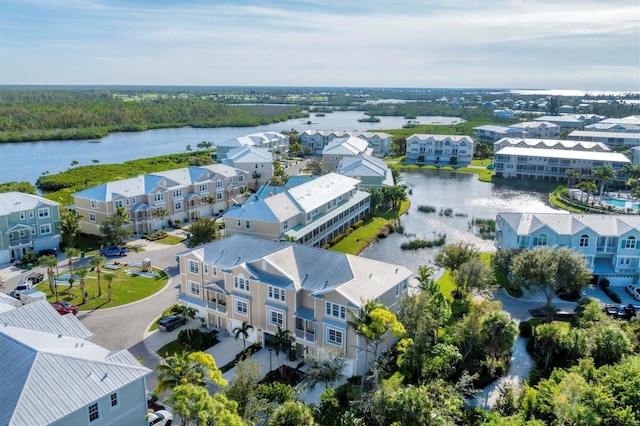 drone / aerial view with a water view