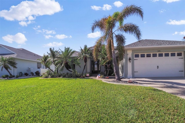 view of front of property with a front yard and a garage