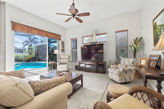 living room featuring ceiling fan