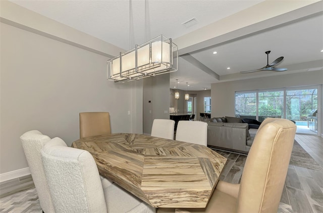 dining area with visible vents, wood finished floors, baseboards, ceiling fan, and recessed lighting