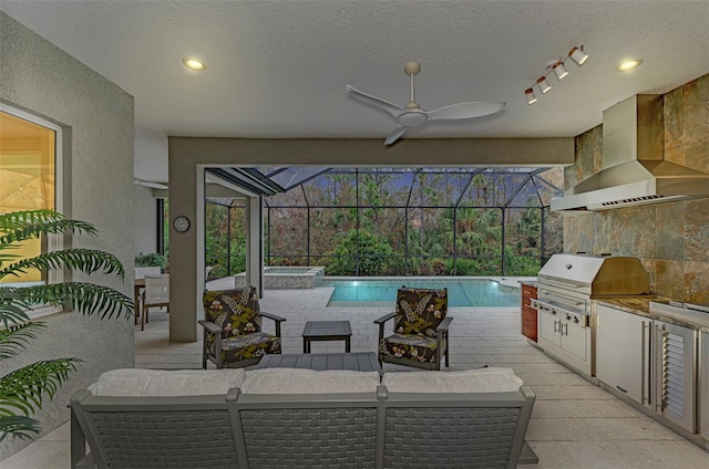 view of patio / terrace featuring a pool with connected hot tub, area for grilling, outdoor lounge area, a ceiling fan, and a grill