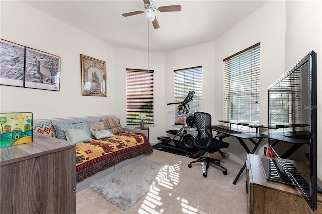 carpeted office space with ceiling fan