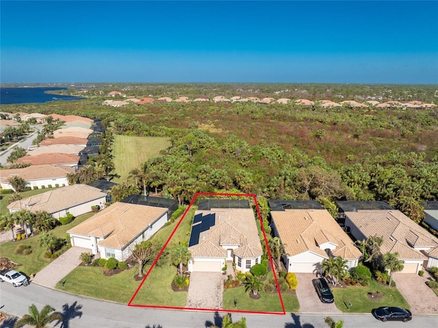 aerial view featuring a water view