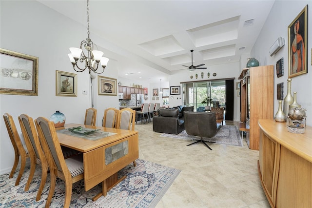 dining room with ceiling fan with notable chandelier, beam ceiling, and coffered ceiling