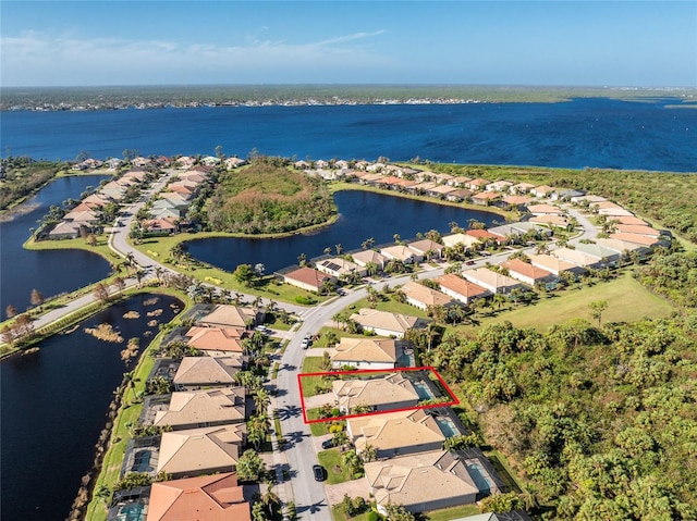 bird's eye view with a water view