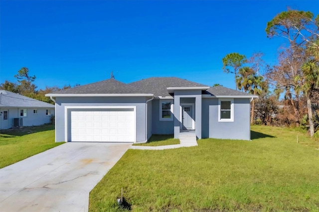 single story home featuring a front yard and a garage