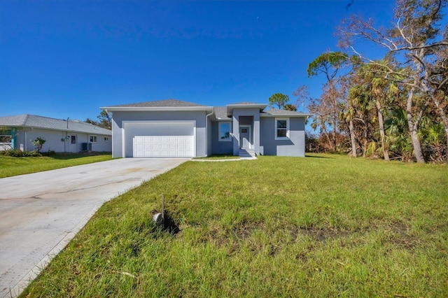 view of front of property featuring a front lawn, central AC, and a garage