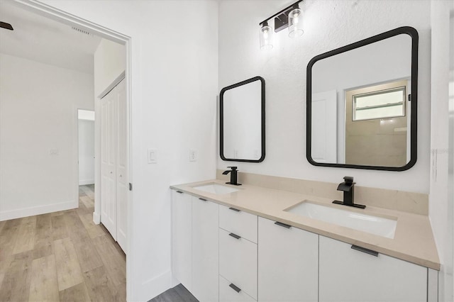 bathroom with vanity and wood-type flooring