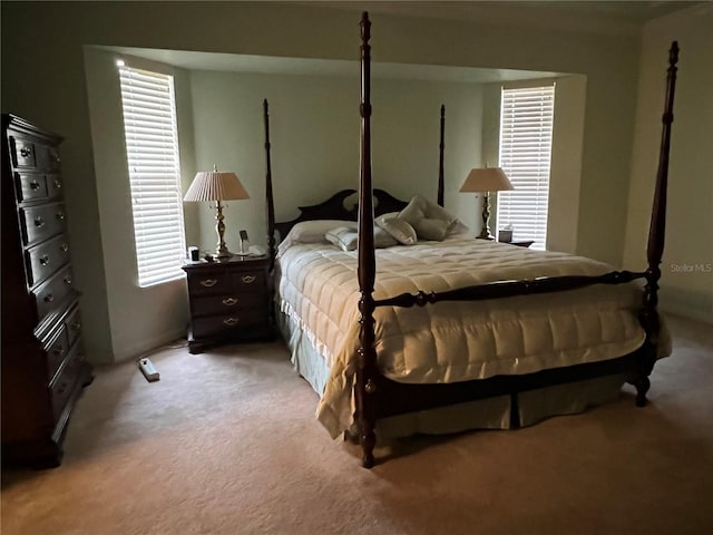 bedroom with multiple windows and light carpet