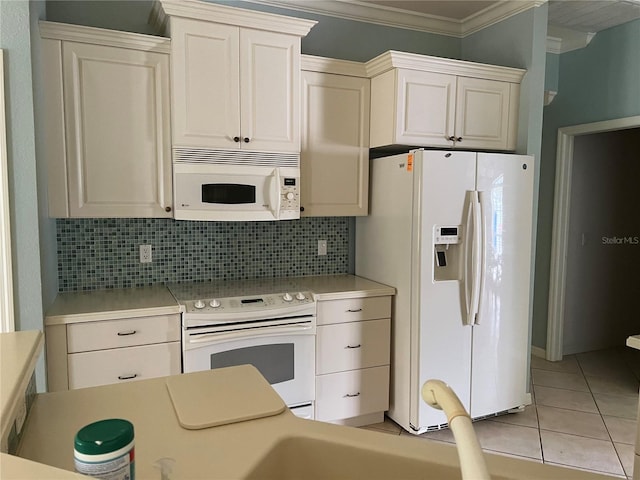 kitchen featuring crown molding, white appliances, decorative backsplash, and light tile patterned flooring