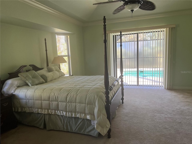 bedroom with lofted ceiling, carpet flooring, access to exterior, ceiling fan, and crown molding