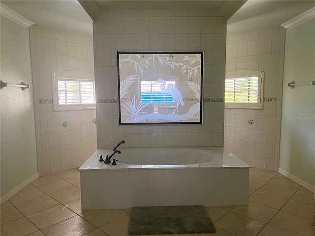 bathroom with plenty of natural light, tile walls, tile patterned floors, and a tub to relax in