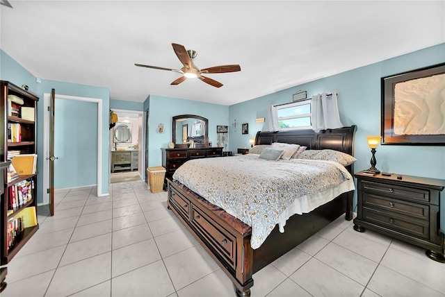 bedroom featuring light tile patterned floors and ceiling fan