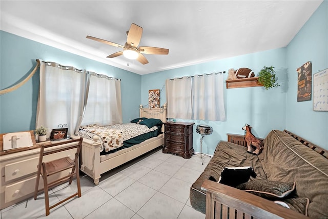 bedroom featuring ceiling fan and light tile patterned floors