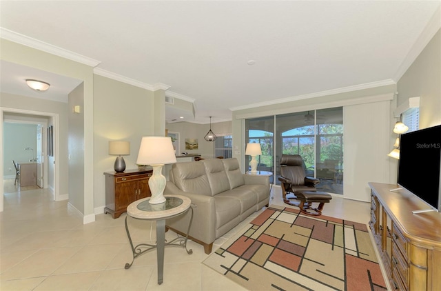 tiled living room with ornamental molding