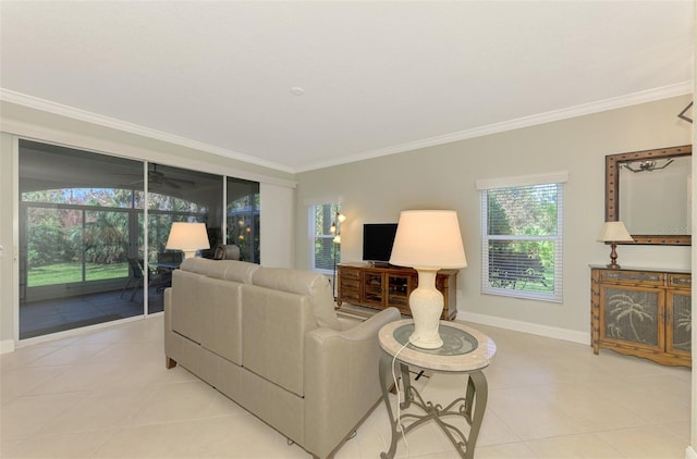 living room featuring light tile patterned floors and ornamental molding