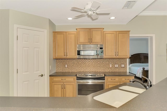 kitchen featuring decorative backsplash, sink, ceiling fan, and stainless steel appliances