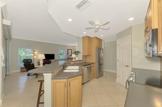 kitchen with sink, stainless steel appliances, a kitchen breakfast bar, kitchen peninsula, and ornamental molding