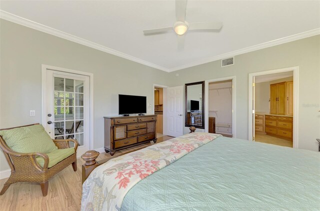 bedroom with light wood-type flooring, ornamental molding, access to outside, ceiling fan, and a closet