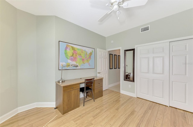 office featuring ceiling fan and light hardwood / wood-style flooring