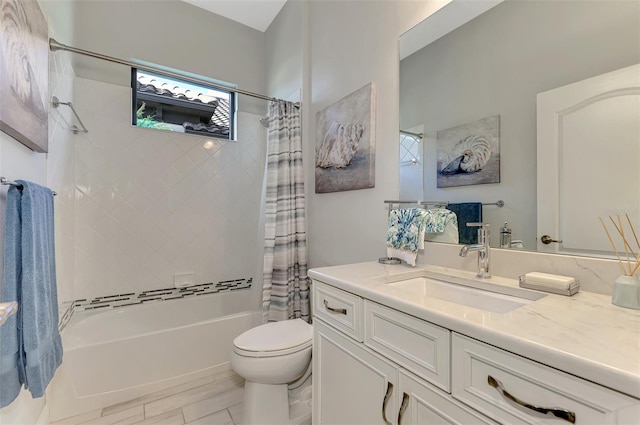 full bathroom with vanity, toilet, and shower / bathtub combination with curtain