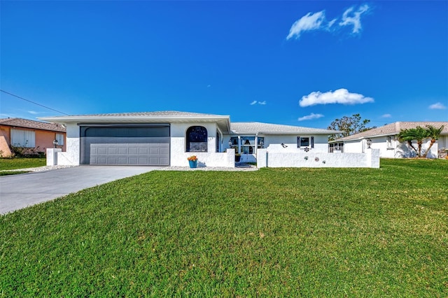 single story home featuring a front yard and a garage