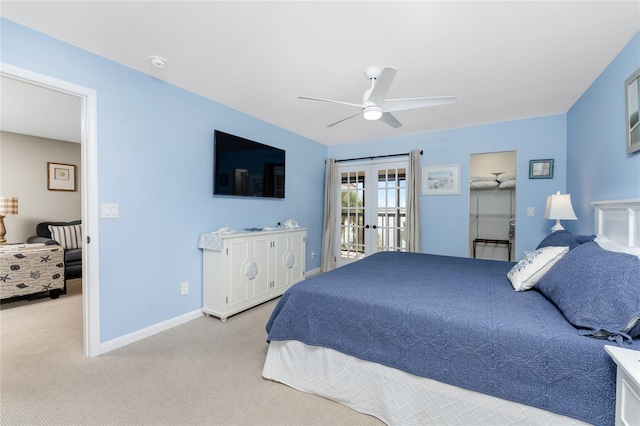 bedroom featuring french doors, access to exterior, light colored carpet, and ceiling fan