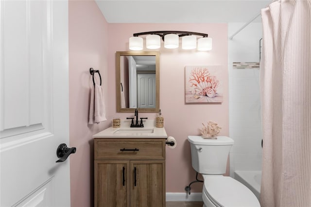 full bathroom featuring vanity, toilet, and shower / bathtub combination with curtain